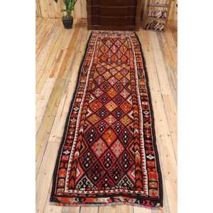 Turkish 3.2x11.3 ft Rug, Herki Vintage Rug, <b>Red</b> Ikat Rug <b>Wool</b> - Product Image 1