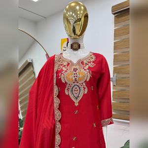 Luxury chinon sharara salwar kameez with heavy <b>thread</b> work top and sharara with dupatta pair for casual outing premium finish - Product Image 4