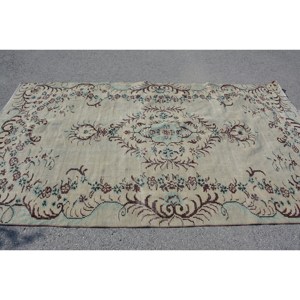 Alfombra turca Vintage de 5,4x9,3 pies, patrón de retales de tejido plano de lana Beige para decoración de pasillo de sala de estar con respaldo de látex - Product Image 3