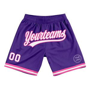 Pantalones cortos de baloncesto de retroceso auténticos personalizados de Industrie Direct Engro 100% poliéster sólido para colores púrpura blanco-rosa - Product Image 1