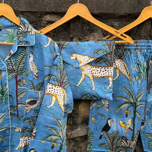 Conjunto de pijama de algodón con estampado de bloque de mano indio para mujer 100% vestido de noche ultrasuave con estampado de tigre incluye pantalones y camisa - Product Image 1