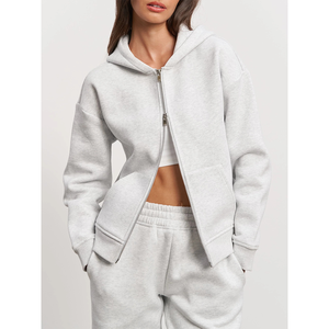 2025 nouvelles femmes à la mode confortable Athleisure deux pièces personnalisable Crop double-zip à capuche et pantalon de survêtement ample droit pour les femmes - Product Image 6