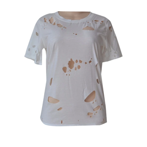 Camisetas de algodón informales ecológicas de alta calidad para mujer, diseño cómodo con agujeros rasgados con impresión Digital de algodón 100% - Product Image 5