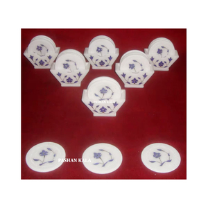 Sous-verres en marbre blanc de qualité supérieure, forme ronde durable, design floral incrusté, pour la décoration de la maison et de la cuisine des hôtels - Product Image 1