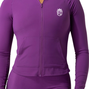Haut de sport ajusté à manches longues pour femme, veste à capuche zippée violette extensible pour la gym, l'entraînement et le yoga - Product Image 6
