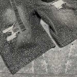 Streetwear personnalisé homme imprimé partout boue sale lavage à l'acide Skate diamant strass en détresse Denim Jeans Shorts Baggy Jorts hommes - Product Image 4