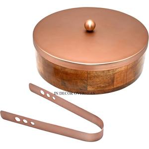 Finest Quality Acacia Wooden Made Round Shape Chapati Storage Container With Silver Color Metal Unique Designer Top <b>Lid</b> & Tong - Product Image 3
