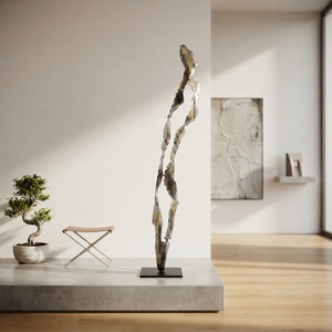 Handcrafted <b>wooden</b> liyuk stand sculpture <b>rustic</b> teak carved abstract winding human figure statue metal base accent decor units - Product Image 2
