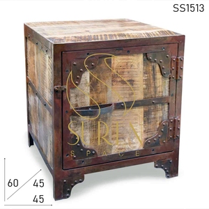 Table d'appoint industrielle en maille de fer faite à la main finition noire pour chambre à coucher salle de bain hôpital dernier chevet en bois de style indien - Product Image 2