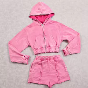 Ensemble de survêtement d'été 2 pièces personnalisé délavé à l'acide ensemble de short et t-shirt imprimés pour femmes avec logo personnalisé ensemble de sweats à capuche avec fermeture éclair pour femmes - Product Image 5