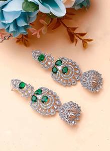 Silver Finish Emerald Green CZ Necklace Indian Jewelry Indian Jewelry Green Necklace Diamond Necklace Statement Jewelry Gift Her - Product Image 3