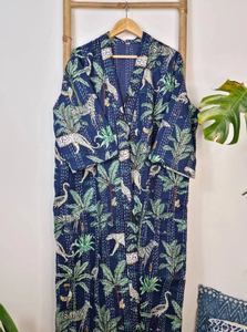 เสื้อคลุมผ้าควิลท์ผ้าฝ้ายแท้ทำมือสำหรับผู้หญิงใส่สบายพิมพ์ลายป่าระบายอากาศคอวีแบบผูกเชือก - Product Image 5