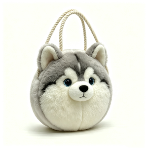 Bolso de peluche con forma de bola de husky de dibujos animados personalizado, lindo bolso de peluche de husky con correa de cuerda, bolso de mano redondo de peluche de husky gris - Product Image 1