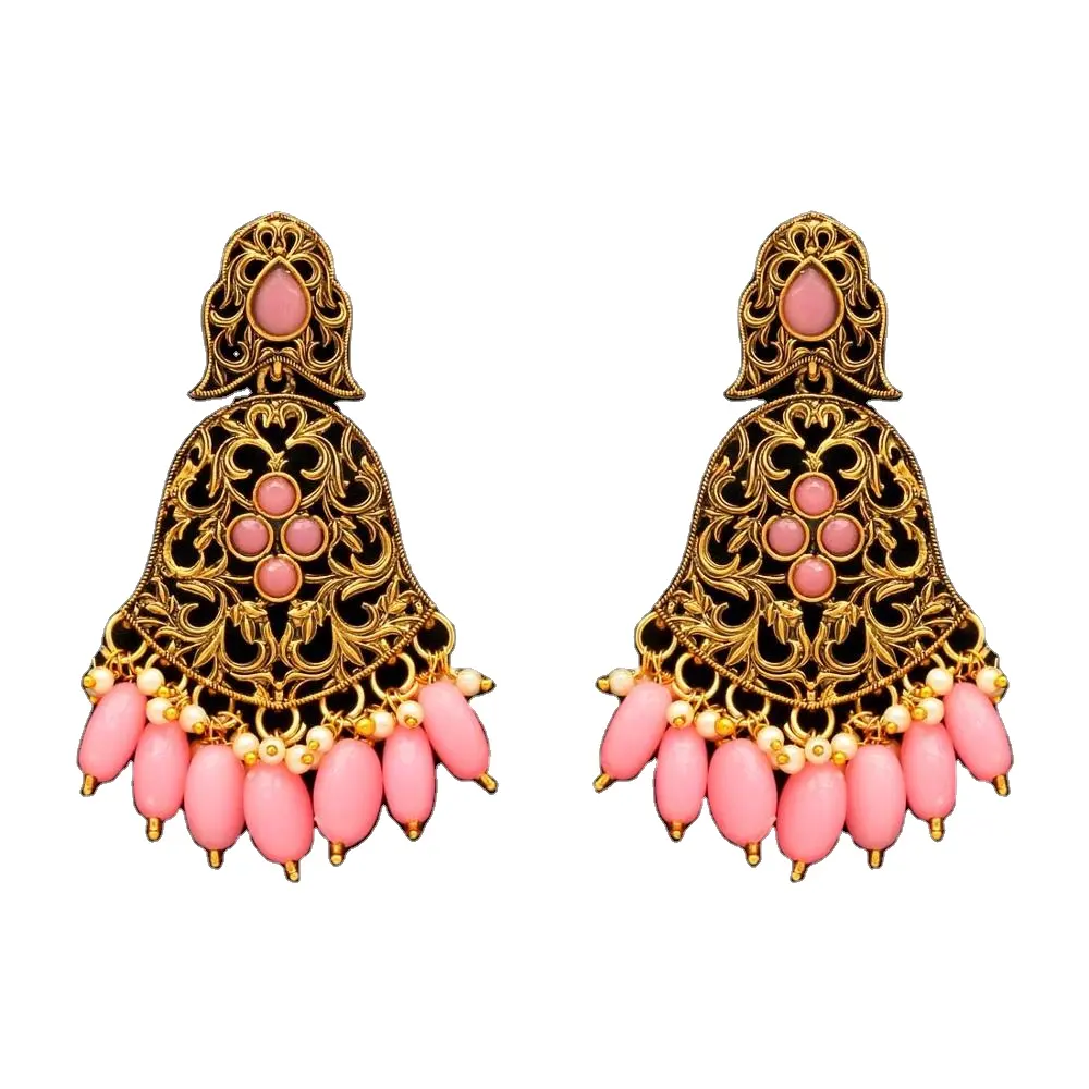 Indian Jewelry Collection of Pink Color Kundan Antique Earrings for women and girls