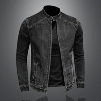 Chaqueta Bomber Vintage de Alta Calidad para Hombre, 100% Algodón, con Capucha, Cuello Alto, Estilo Motero, Abrigo de Mezclilla, Prenda Exterior Negra