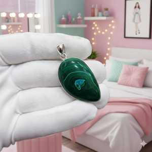 Pendentif en argent fait main de qualité AAA, pierre précieuse naturelle malachite verte, cabochon de forme mixte, cristal naturel poli, guérison - Product Image 4
