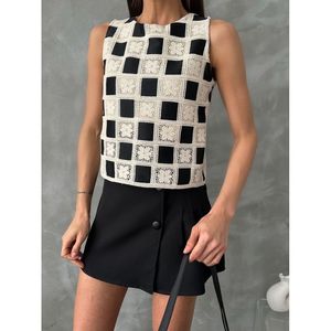 Blusa de Ganchillo con Patrón a Cuadros Negros para Mujer, Top de Punto al por Mayor de Topshow - Product Image 1
