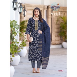 Women's Designer Viscose Rayon Foil Printed Top Bottom Dupatta Embroidery Work Wedding Elegant Maruti Fashion Regular Fit <b>Kurtis</b> - Product Image 1