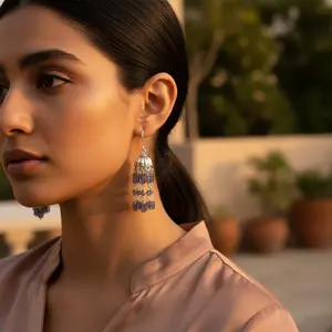 Boucles d'oreilles pendantes en argent 925 avec perle d'eau douce et pierre précieuse bleue, plaquées or pour femmes - Product Image 1