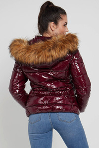 Top Quality Customized Logo Burgundy Elastic Waist Shiny Puffer Jacket With Fur On Hood North Winter Warm Outdoor Bubble Jacket - Product Image 2