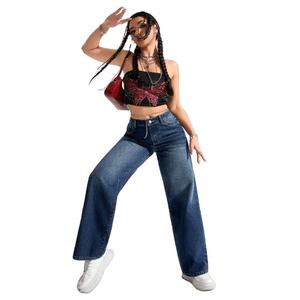 Jeans de Mujer Tallas Grandes Azul Oscuro de Pierna Recta, Ajuste Regular, Elásticos, de Mezclilla, Pantalones de Pierna Ancha Media, OEM, Verano, Lavados, Casuales - Product Image 4