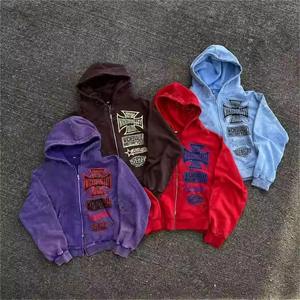 Fall Wholesale Customized Distressed Embroidery Print Acid Wash <b>Cropped</b> <b>Hoodie</b> Distressing Vintage Sun Faded <b>Zip</b> up Men Hoodies - Product Image 3
