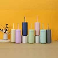 Gobelet isotherme fin mat couleur macaron avec paille, bouteille d'eau en acier inoxydable de 16 oz, logo personnalisé, vente en gros