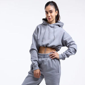 100% coton gris 2 pièces recadrée femmes survêtement ensemble sweat à capuche respirant et pantalons de survêtement coupe décontractée nouvelle salle de sport vêtements de sport survêtement ensemble - Product Image 6