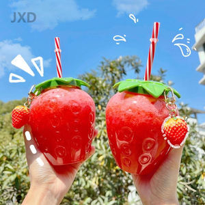 Gelas Plastik Sekali Pakai Bentuk Stroberi JUXINDA dengan Sedotan Desain Kreatif dan Menyenangkan untuk Pesta Minuman Anak-Anak Penggunaan Minuman Musim Panas - Product Image 2