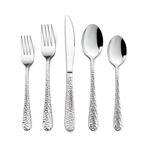 High Quality Unique Silver <b>Mirror</b> Polished Hammered Handle Bold Stainless Steel Flatware Set - Product Image 4