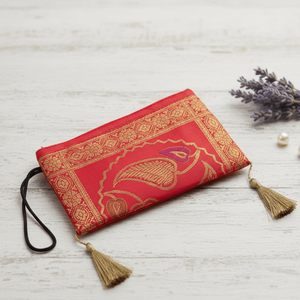 Handmade Red Banarasi Art Zipper Clutch Luxury Women's Leather <b>Bag</b> with Silk Lining Casual <b>Summer</b> Handbag - Product Image 3