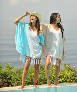 Atractivo precio más bajo 100% tela de rayón Tie Dye Deep V-Neck Poncho con verano playa media manga túnica de encaje para mujeres - Product Image 1