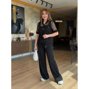 Ensemble deux pièces en modal pour femme, avec col, manches courtes, détails en maille et boutons, veste et pantalon, 37680 - Noir - Product Image 5