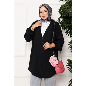 Camisa Kimono Informal Vintage para Mujer, Cuello con Volantes, Botones al Frente, Tejido de Punto y Chifón, Talla Única XL para Oficina, Color Negro - Product Image 2
