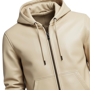 <b>Mens</b> Beige Leather Zip <b>Hoodie</b> Premium Faux Leather Hooded Jacket Full Zipper Winter Casual Streetwear Wholesale Manufacturer - Product Image 3