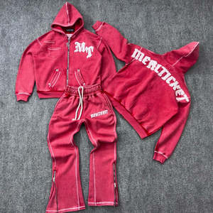 Ensemble survêtement homme vintage imprimé délavé à l'acide, avec lettres appliquées, style streetwear, patchwork déchiré, sweat-shirt et pantalon de survêtement deux pièces - Product Image 4