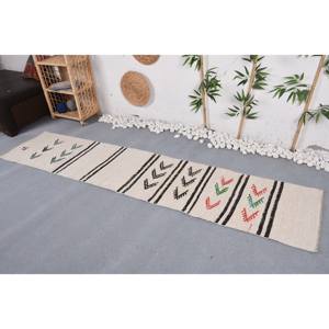 Modern White Black Geometric <b>Vintage</b> Turkish <b>Rug</b> 1.9 X 8.8ft Patchwork Pattern Tabriz Style Latex Backing Wool Viscose for Teens - Product Image 2