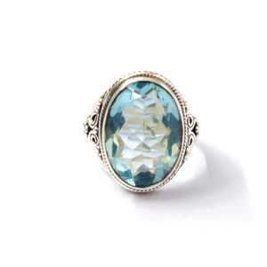 Blue Quartz <b>Statement</b> <b>Ring</b> 8.2 Grams Oval Cut 24K Gold & Rhodium Plated Bezel Setting Everyday Wear - Product Image 1