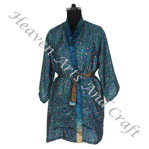 KS011 Bata de dama de honor para mujer Kimono 2025 Estampado bohemio Ropa de playa de verano Manga larga con cinturón Kimono corto largo Bata de seda - Product Image 4