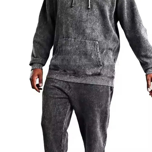Conjunto Deportivo con Capucha para Hombre, Color Gris Lavado, Manga Larga, Corte Holgado, Informal, para Otoño, Pantalones Deportivos Transpirables de Algodón - Product Image 3