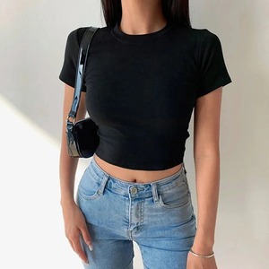 Teenagers Women's Summer Fashion Basic Crop <b>Tops</b> All-Match Breathable Short Sleeve T-Shirts Casual Jersey Tees in Black <b>White</b> - Product Image 5