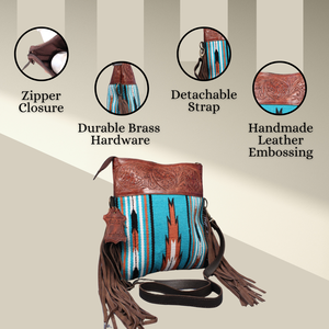 Sac à bandoulière en laine et cuir pour femme Boho avec accents à franges à rabat usiné fermeture à glissière sangle détachable durable deux poignées" - Product Image 3