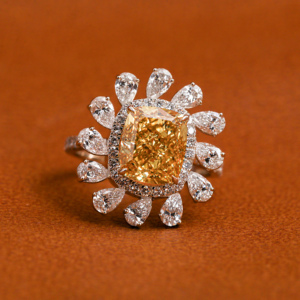 Custom Flower Shape Yellow <b>Cushion</b> Cut Lab Created Diamond Halo Setting 14KT Solid Gold Engagement Ring Luxurious Gift for Women - Product Image 1