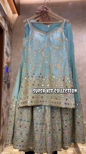 Costume de mariage indien ethnique Kurti Sharara Dupatta Salwar robe de soirée en coton et soie avec Georgette numéro de modèle fantaisie - Product Image 5