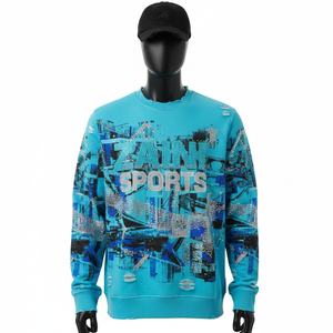Sudadera de Hombre, 300 GSM, Algodón, Azul Agua, Estampado Abstracto, con Logotipo Personalizado de Pedrería, Calidad Premium, Sudaderas Básicas - Product Image 1