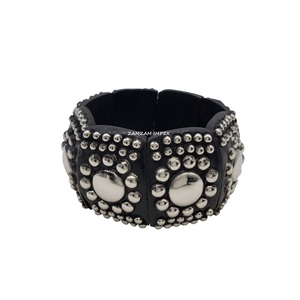 Chunky Geometric <b>Elastic</b> Wood <b>Bracelet</b> Hand-Carved Wooden Bangle with Brass and Steel Studs, Boho Tribal Style Fashion Jewelry - Product Image 2