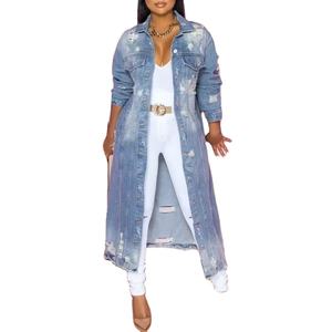 Manteau long en jean brut pour femme, col rabattu, veste à boutonnage simple, manteau en jean décontracté pour l'automne - Product Image 3