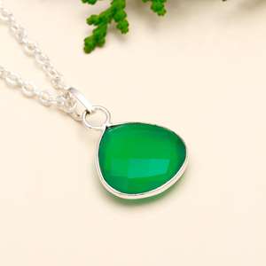 925 Sterling <b>Silver</b> Pendant Necklace with Green Onyx Gemstone 18 Inch Ethnic Handmade Jewelry Plated with Heart Pattern Gift - Product Image 2