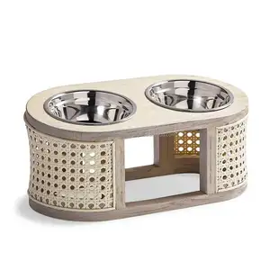 Good Quality New Arrival Rattan and Wood Pet Feeder Solid wood Bog Feeder Rattan Dog Bowls Animals Feeder OEM