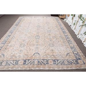 พรมวินเทจตุรกีขนาดใหญ่พิเศษ 8.1x11.9 ฟุต สีเบจผสมสีน้ำเงินลายปะติดทำจากขนสัตว์ - Product Image 1